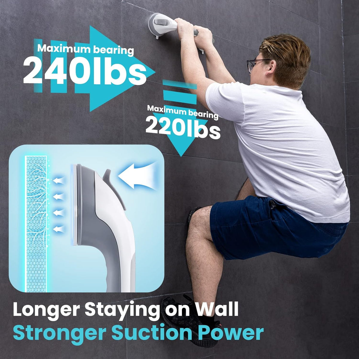 TAILI Nice Series 16.8 Inch Suction Shower Grab Bar – No-Drill Bathroom Safety Handl