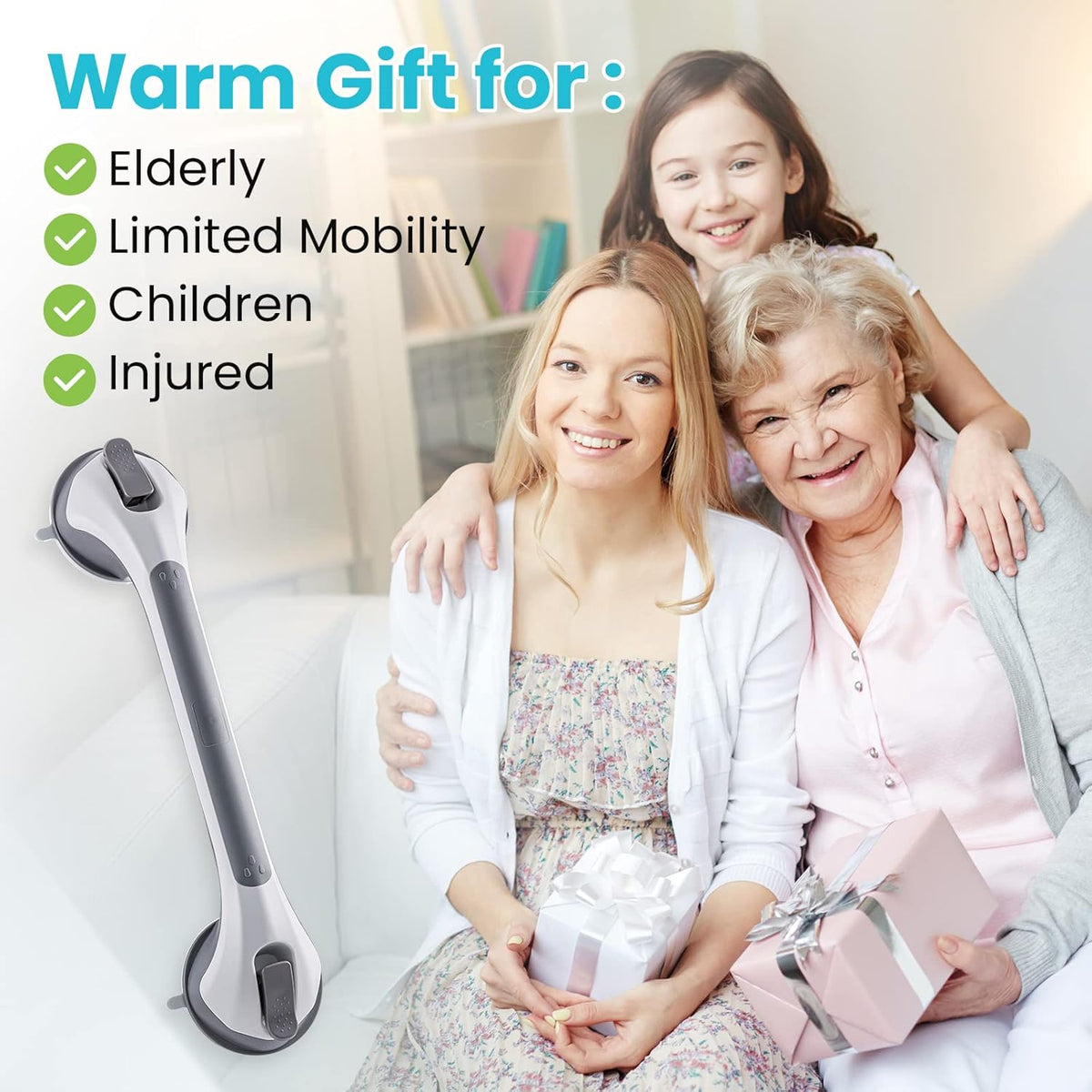 TAILI Nice Series 16.8 Inch Suction Shower Grab Bar – No-Drill Bathroom Safety Handl