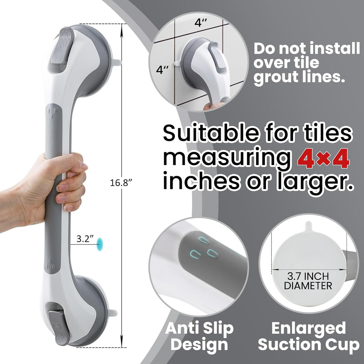 TAILI Nice Series 16.8 Inch Suction Shower Grab Bar – No-Drill Bathroom Safety Handl