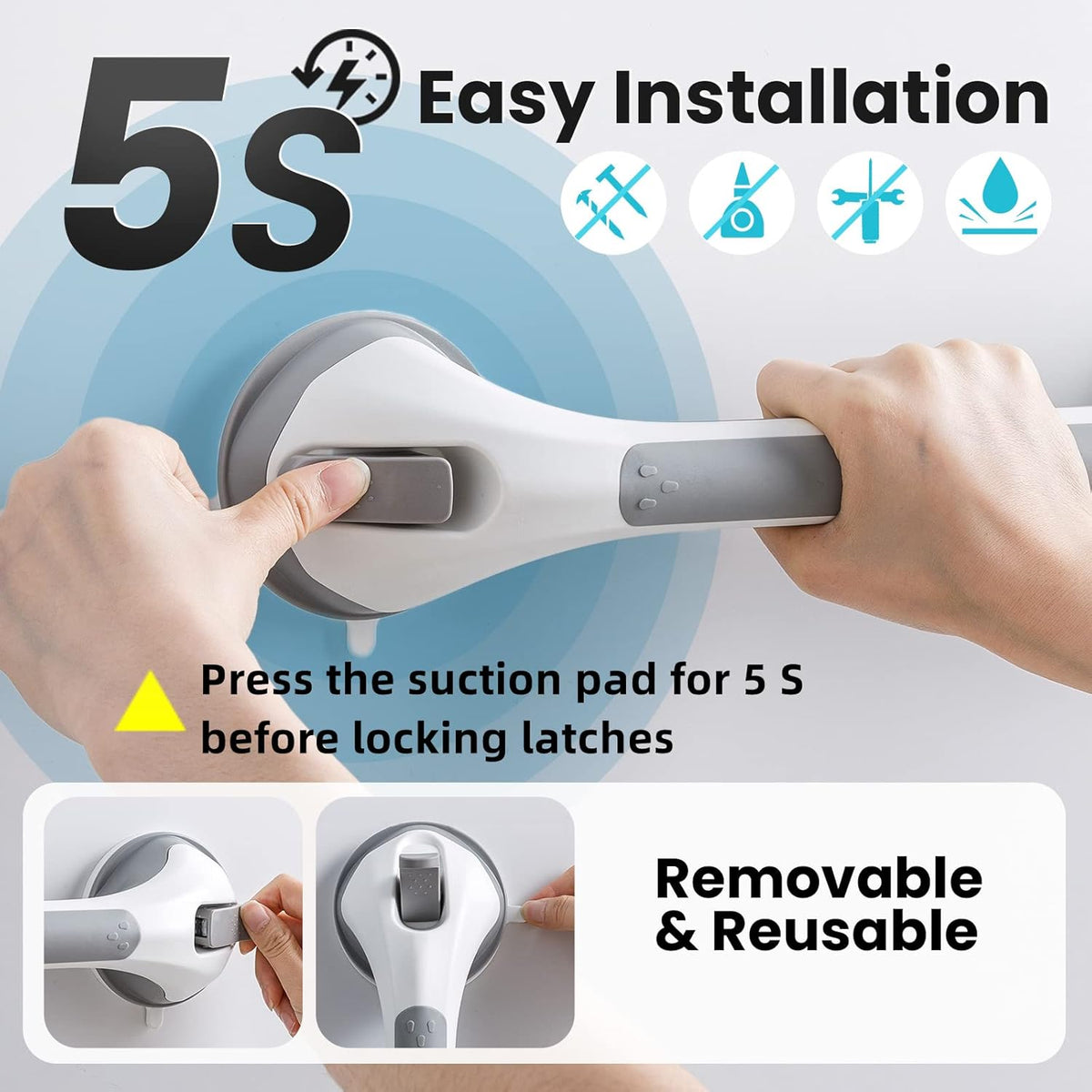 TAILI Nice Series 16.8 Inch Suction Shower Grab Bar – No-Drill Bathroom Safety Handl