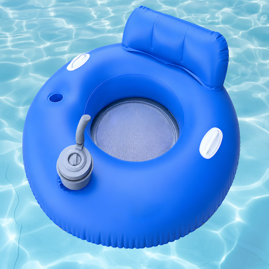 Blue inflatable pool float with cup holder on a clear blue water background